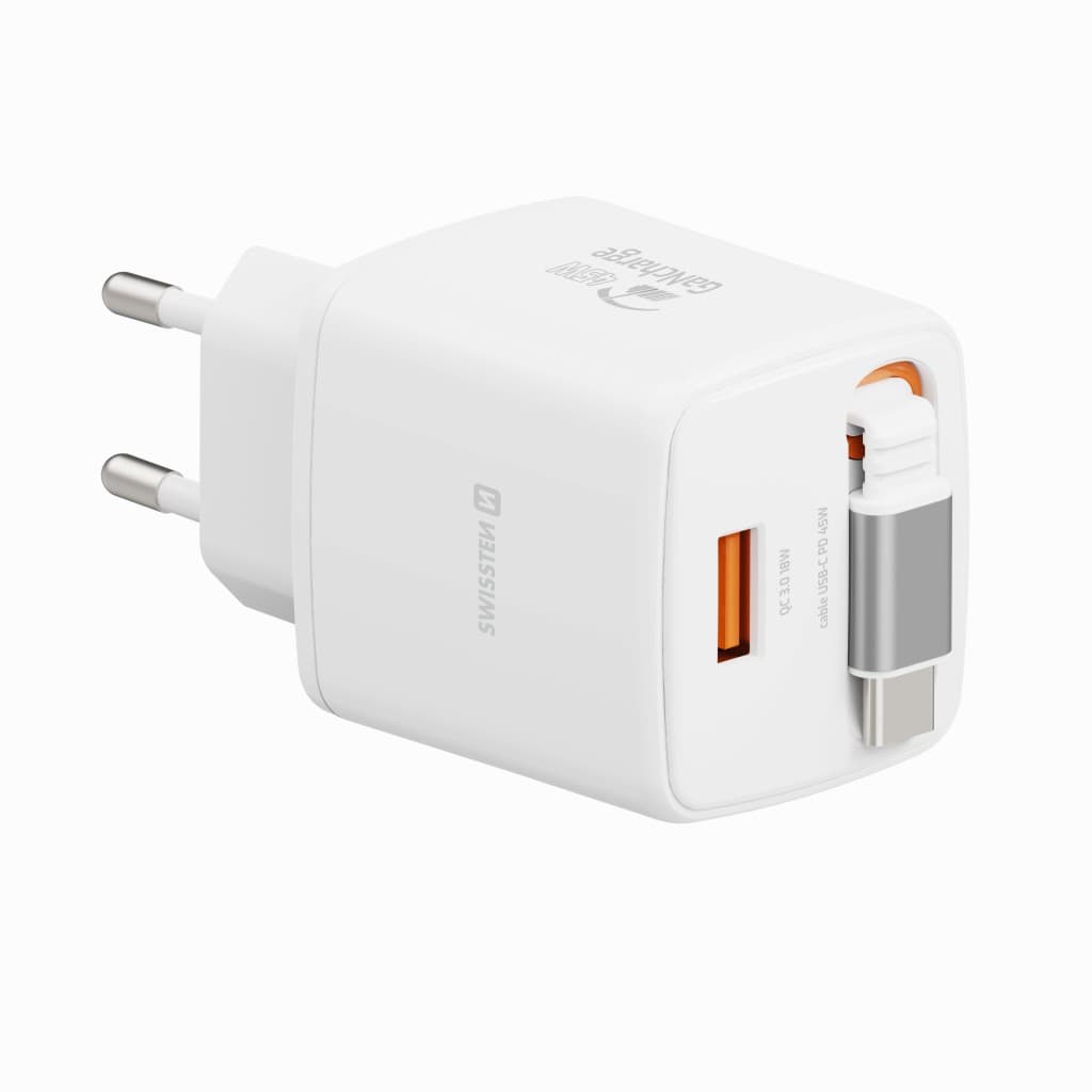 Adaptér Swissten Slidecharge Gan 45W, 1x USB-A 18W se zatahovacím USB-C kabelem 0.75 m bílý - náhled 5