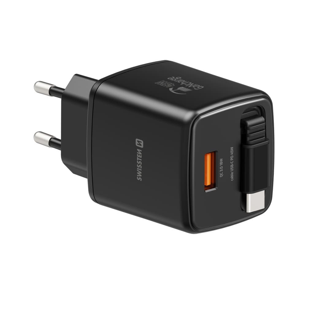 Adaptér Swissten Slidecharge Gan 45W, 1x USB-A 18W se zatahovacím usb-c kabelem 0.75 m černý - náhled 5