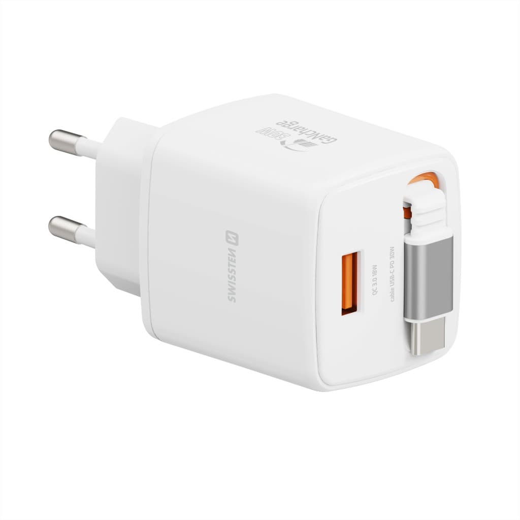 Adaptér Swissten Slidecharge Gan 30W, 1x USB-A 18W se zatahovacím USB-C kabelem 0.75 m bílý - náhled 5