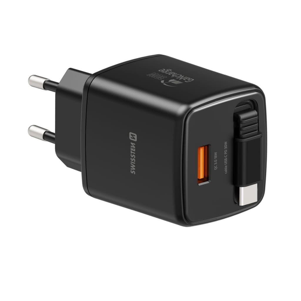 Adaptér Swissten Slidecharge Gan 30W, 1x USB-A 18W se zatahovacím USB-C kabelem 0.75 m černý - náhled 5