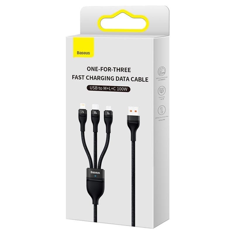Baseus CASS030001 Flash Series 3v1 Kabel USB-A na USB-C, Lightning, MicroUSB 100W 1.2m Black - náhled 5