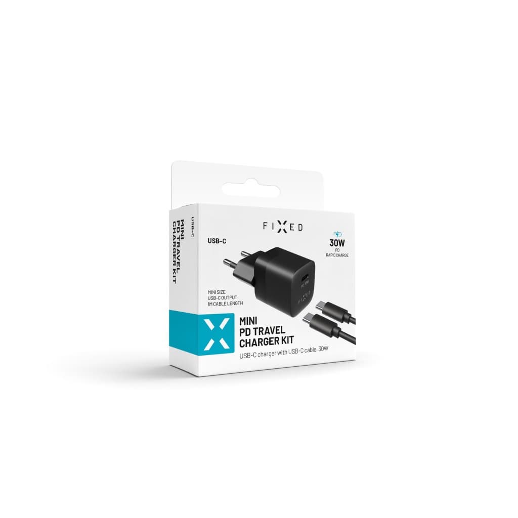 Set síťové nabíječky FIXED Mini s USB-C výstupem a USB-C/USB-C kabelu, podpora PD, 1 metr, 30W, černý - náhled 5