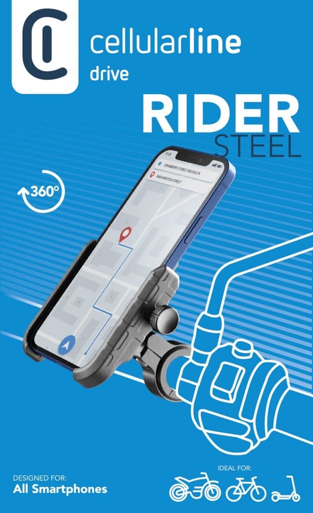 Univerzální hliníkový držák mobilního telefonu Cellularline Rider Steel na řídítka pro motorku i kolo, černý - náhled 5