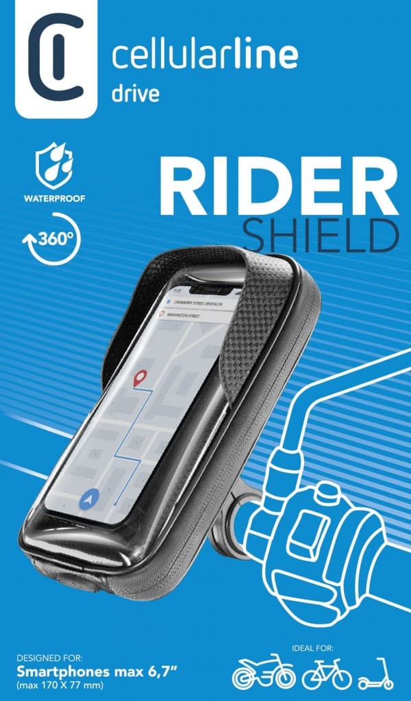 Univerzální držák mobilního telefonu Cellularline Rider Shield na řídítka  pro motorku i kolo, voděodolný, do vel. 6,7", - náhled 5