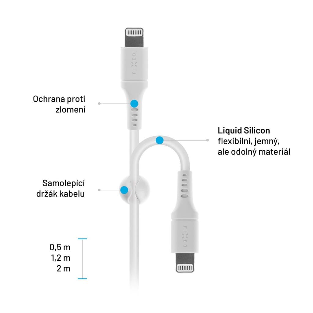Krátký nabíjecí a datový Liquid silicone kabel FIXED s konektory USB-C/Lightning a podporou PD, 0.5m, MFI, bílý - náhled 5