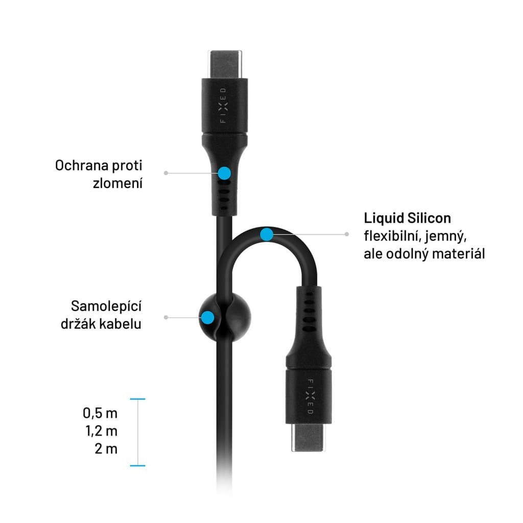Dlouhý nabíjecí a datový Liquid silicone kabel FIXED s konektory USB-C/USB-C a podporou PD, 2m, USB 2.0, 60W, černý - náhled 5