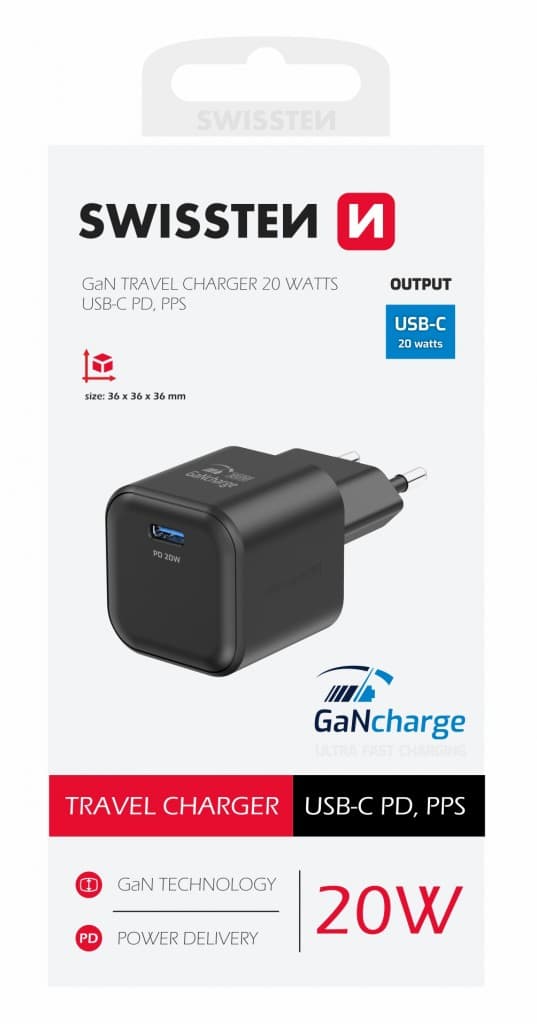 Adaptér Swissten Gan s funkcí rychlonabíjení 1x USB-C 20W černý - náhled 5