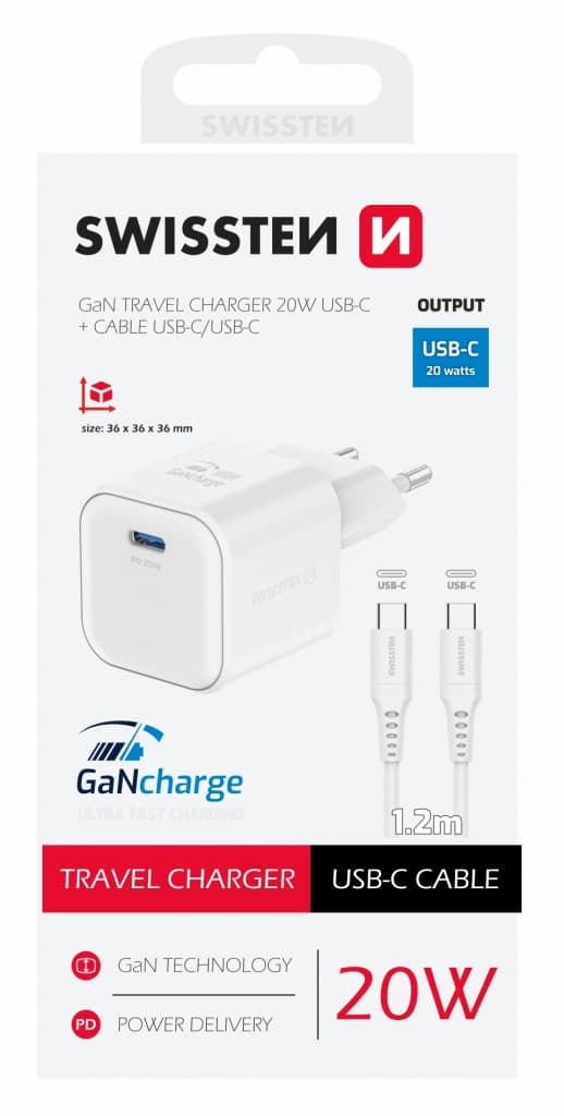 Rychlonabíječka Swissten vč. datového kabelu USB-C 1.2m 20W bílá - náhled 5