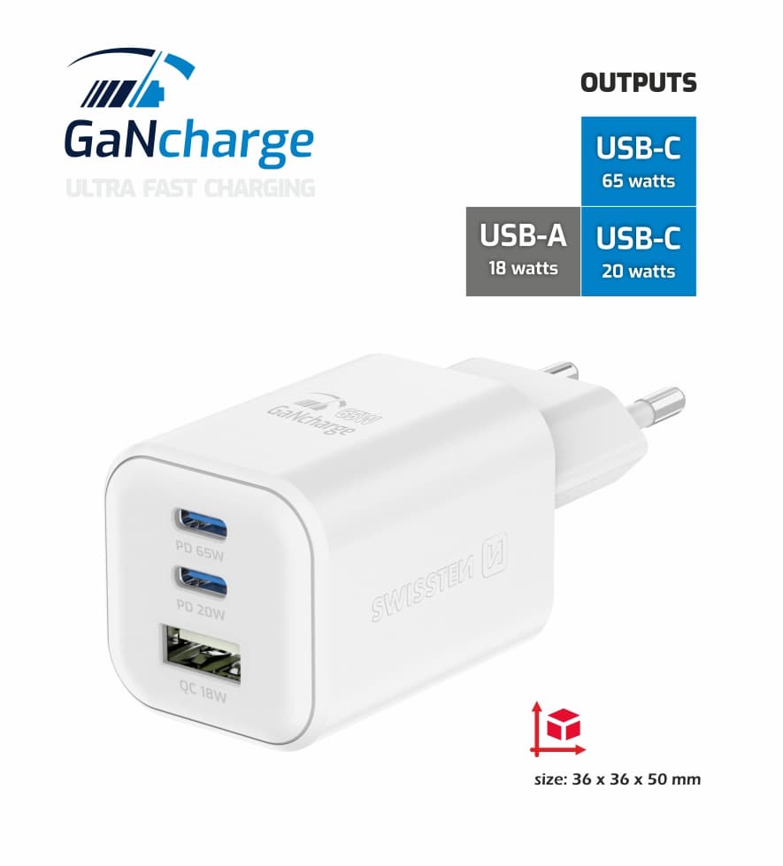 Adaptér Swissten s funkcí rychlonabíjení 1x USB-A, 2X USB-C 65W bílý - náhled 5