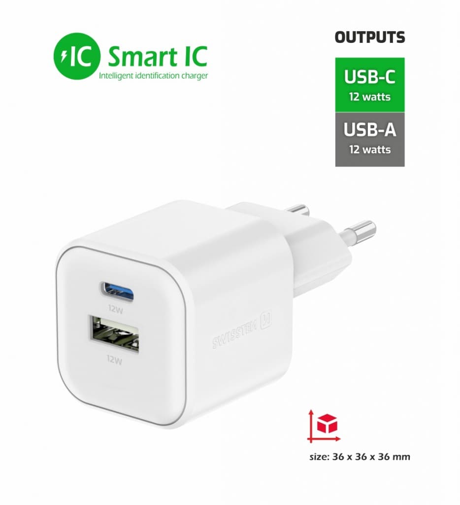 Adaptér Swissten 12W USB-A, USB-C bílý - náhled 5