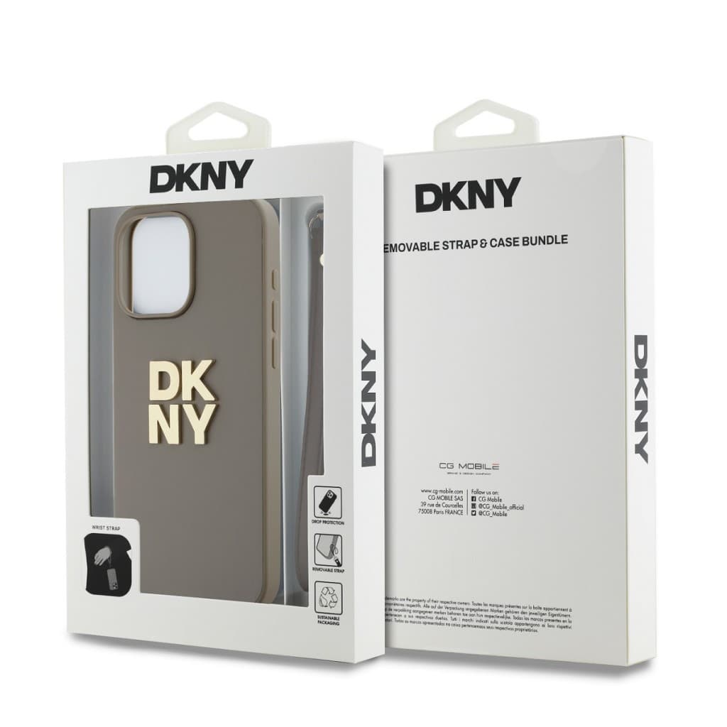 DKNY PU Leather Stack Logo Wrist Strap Zadní Kryt pro iPhone 14 Pro Max Beige - náhled 5