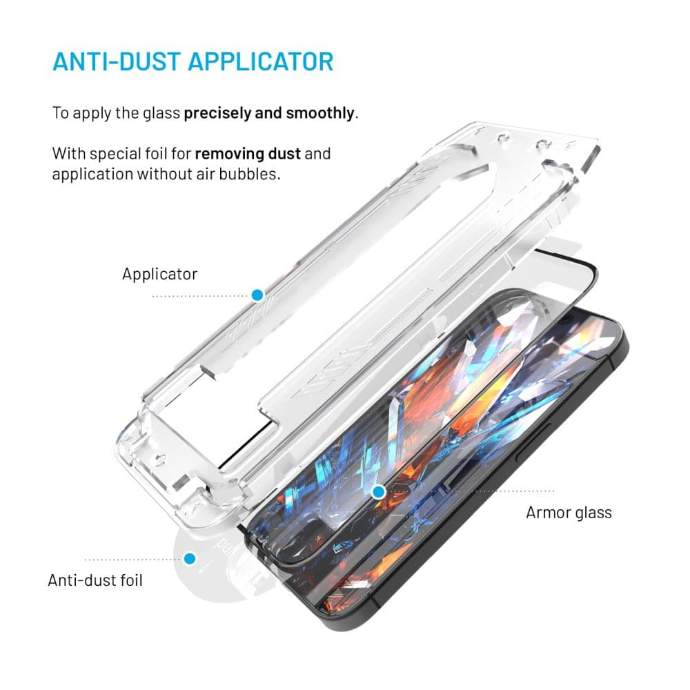 Ultra odolné tvrzené sklo FIXED Armor s Anti-dust aplikátorem a AR vrstvou pro Apple iPhone 16 Pro, černé - náhled 5
