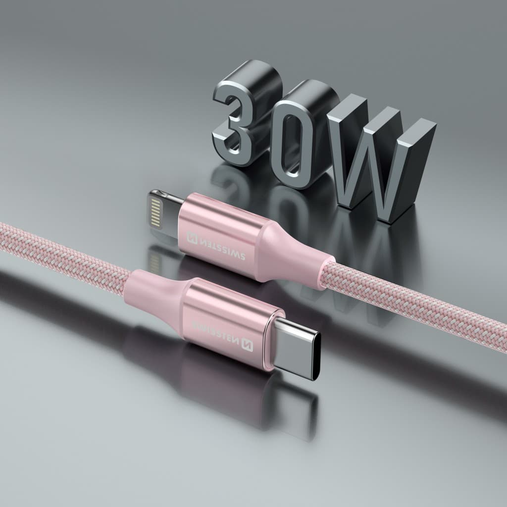 Datový kabel Swissten Textile II USB-C - Lightning 1,5 m růžový - náhled 5