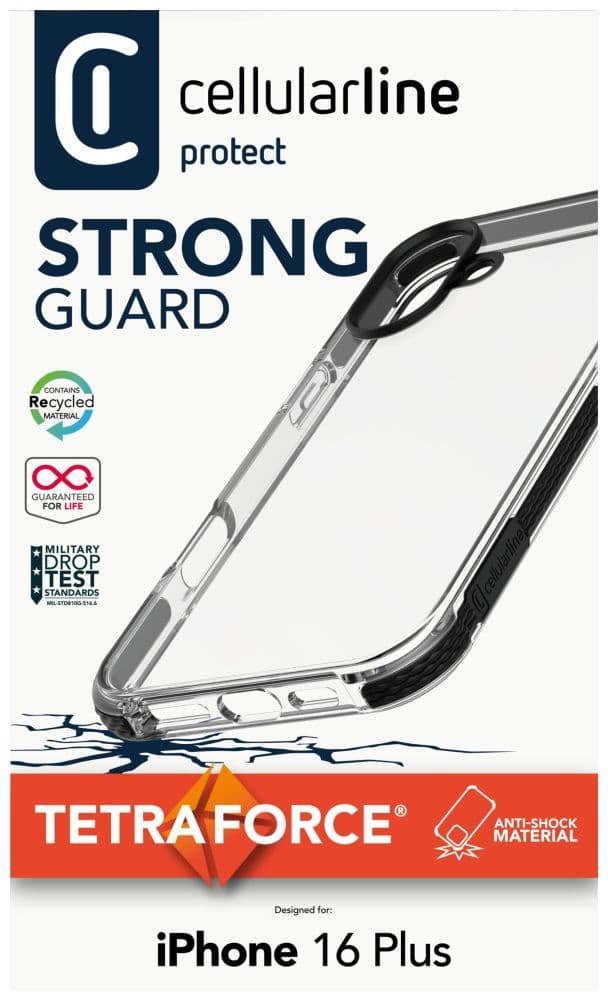 Ultra ochranné pouzdro Cellularline Tetra Force Strong Guard pro Apple iPhone 16 Plus, 2 stupně ochrany, transparentní - náhled 5