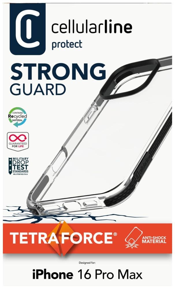 Ultra ochranné pouzdro Cellularline Tetra Force Strong Guard pro Apple iPhone 16 Pro Max, 2 stupně ochrany, transparentn - náhled 5