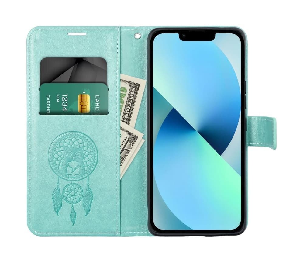 Pouzdro MEZZO Samsung A15 knížkové Lapač se sovičkou zelené 130816 - náhled 3