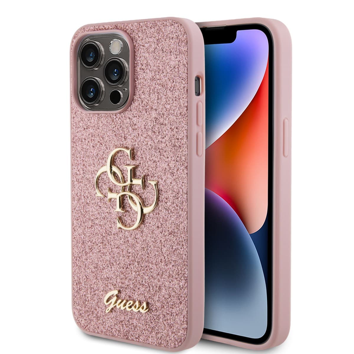 Guess PU Fixed Glitter 4G Metal Logo Zadní Kryt pro iPhone 15 Pro Max Pink - náhled 1