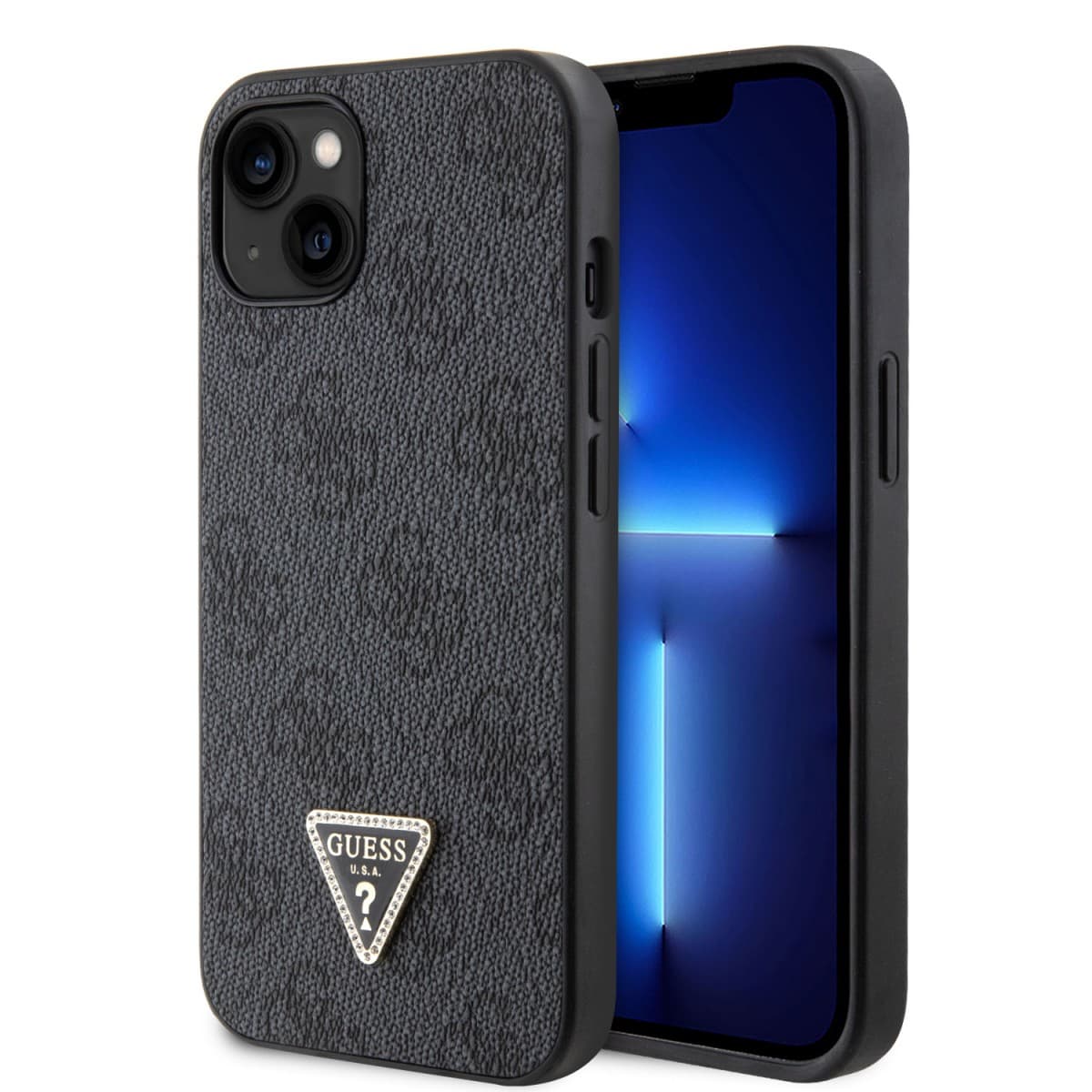 Guess PU 4G Strass Triangle Metal Logo Zadní Kryt pro iPhone 15 Black - náhled 1
