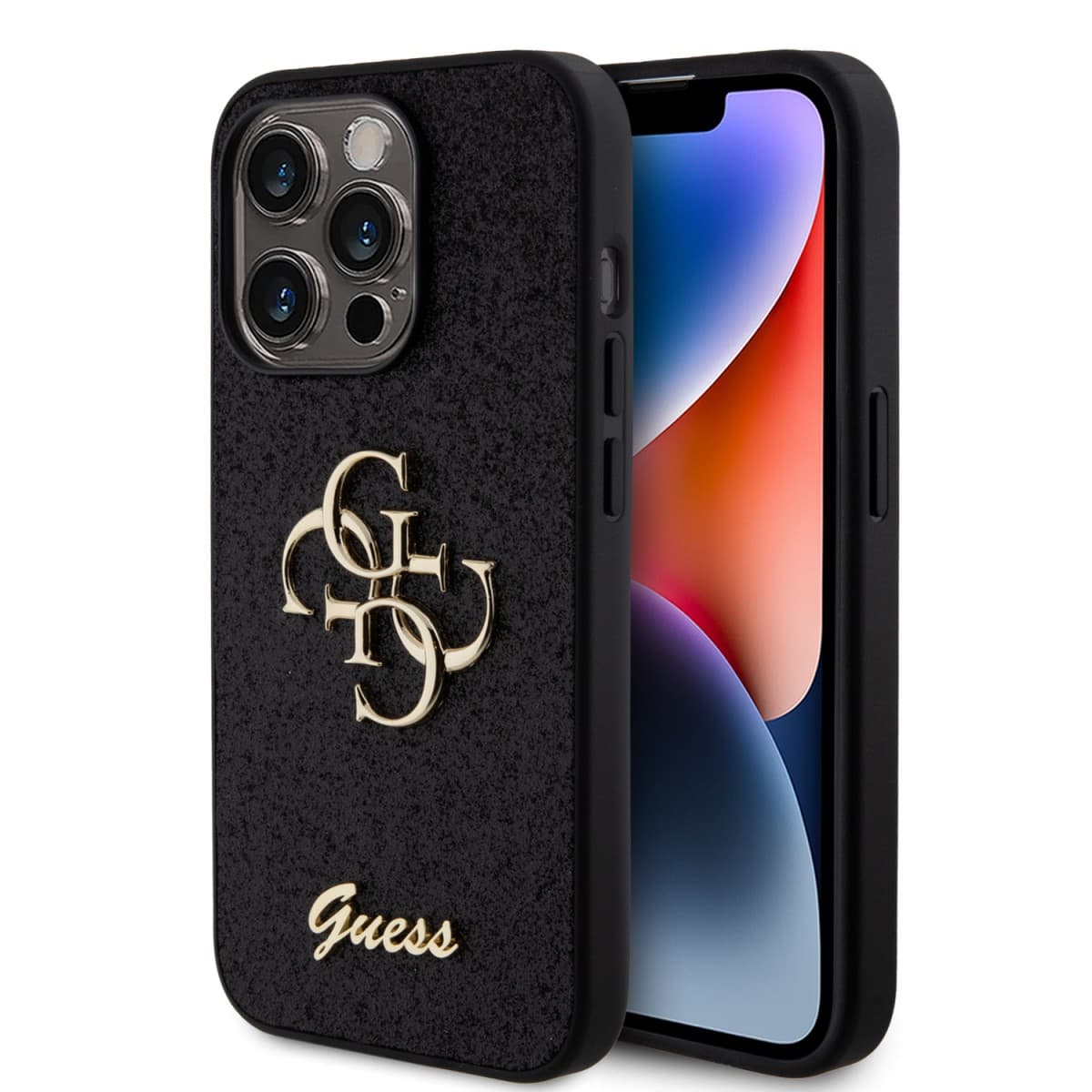 Guess PU Fixed Glitter 4G Metal Logo Zadní Kryt pro iPhone 15 Pro Black - náhled 1