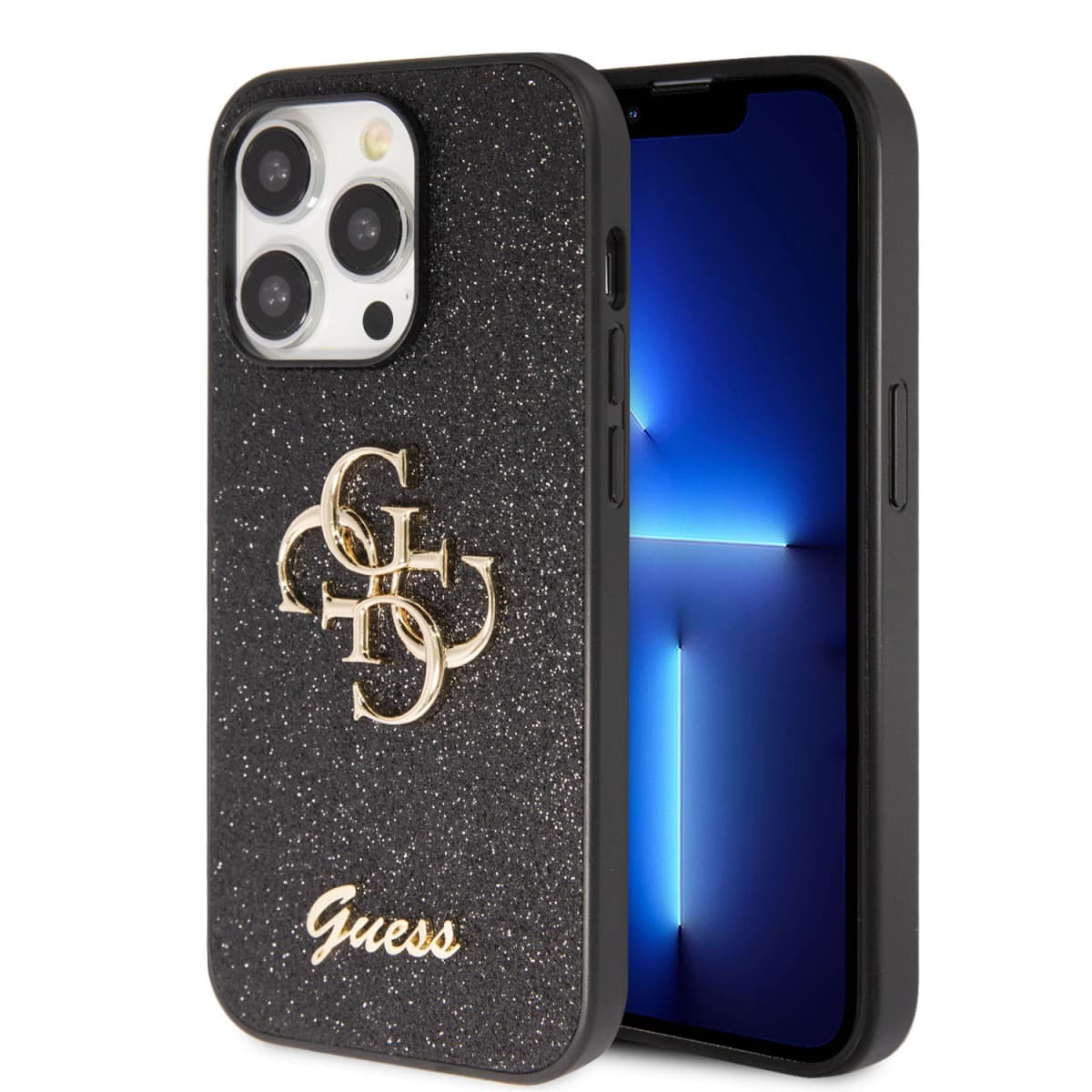 Guess PU Fixed Glitter 4G Metal Logo Zadní Kryt pro iPhone 15 Pro Max Black - náhled 1