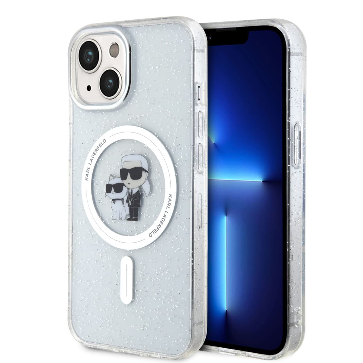 Karl Lagerfeld IML Glitter Karl and Choupette MagSafe Zadní Kryt pro iPhone 15 Transparent - náhled 1
