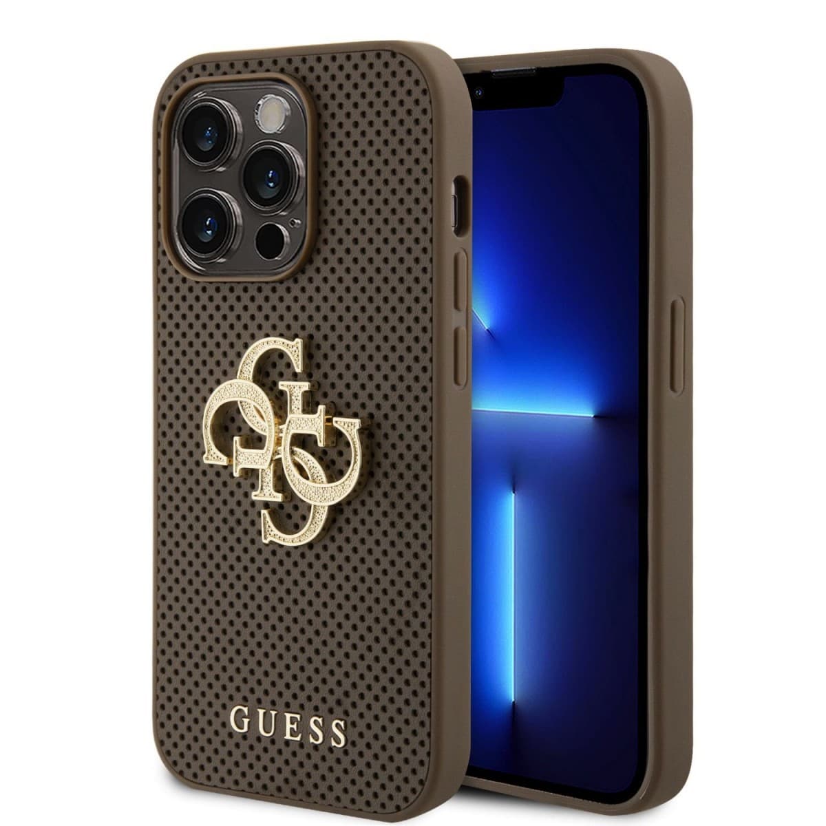 Guess PU Perforated 4G Glitter Metal Logo Zadní Kryt pro iPhone 15 Pro Taupe - náhled 1