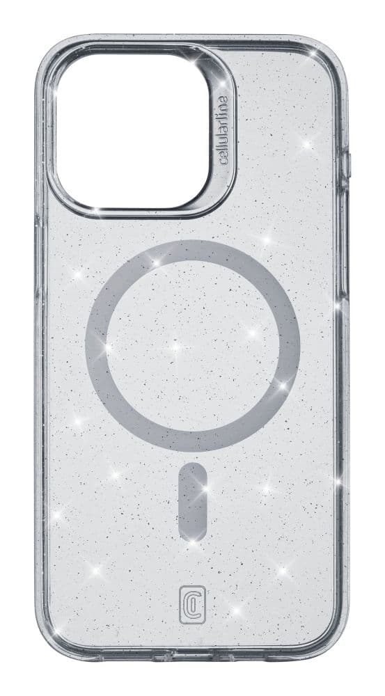 Třpytivý zadní kryt Cellularline Sparkle Mag s podporou Magsafe pro Apple iPhone 15 Pro Max, čirý