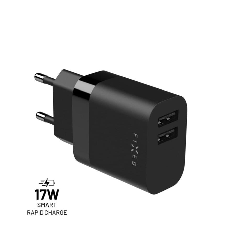 Síťová nabíječka FIXED s 2xUSB výstupem, 17W Smart Rapid Charge, černá - náhled 1