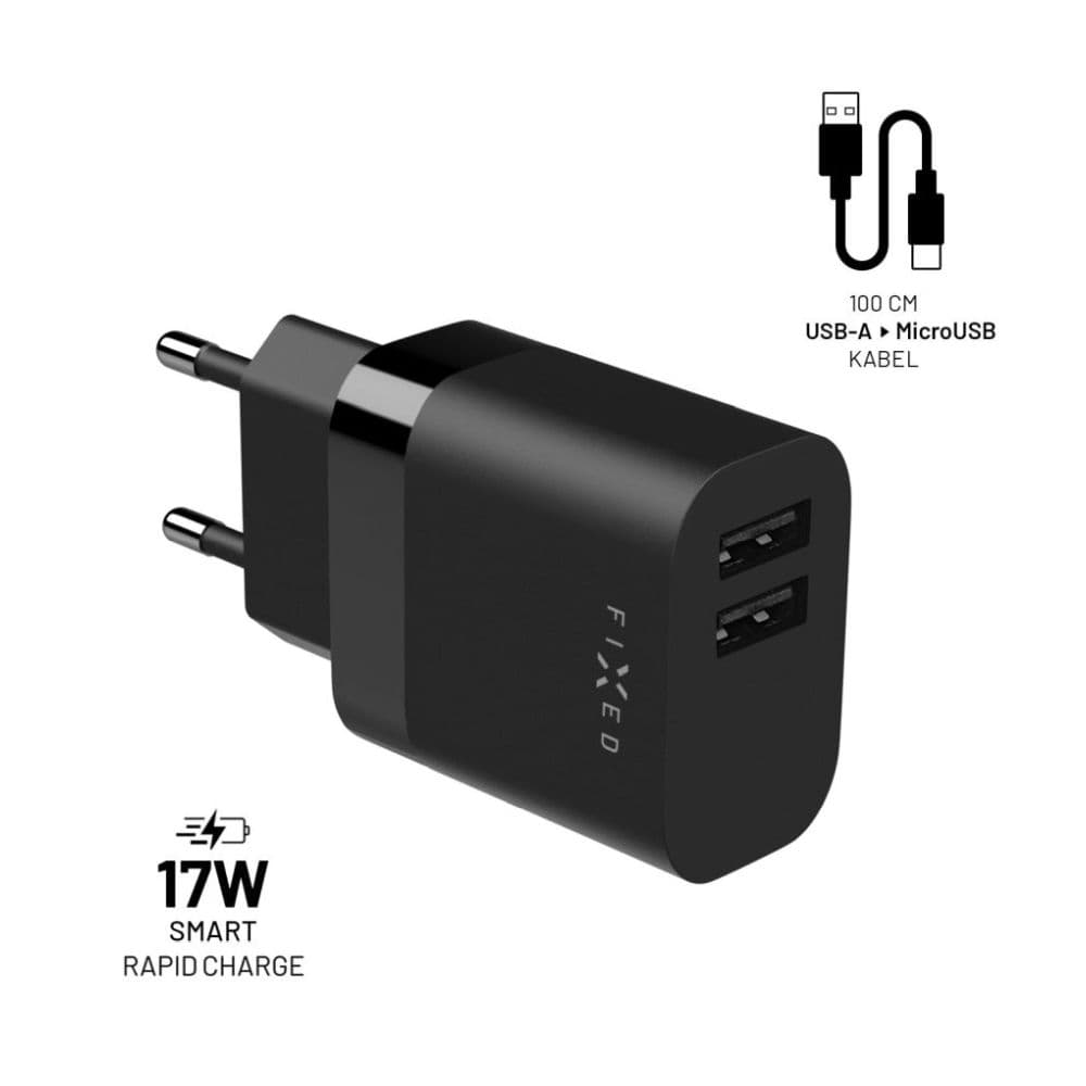 Set síťové nabíječky FIXED s 2xUSB výstupem a USB/micro USB kabelu, 1 metr, 17W Smart Rapid Charge, černá - náhled 1