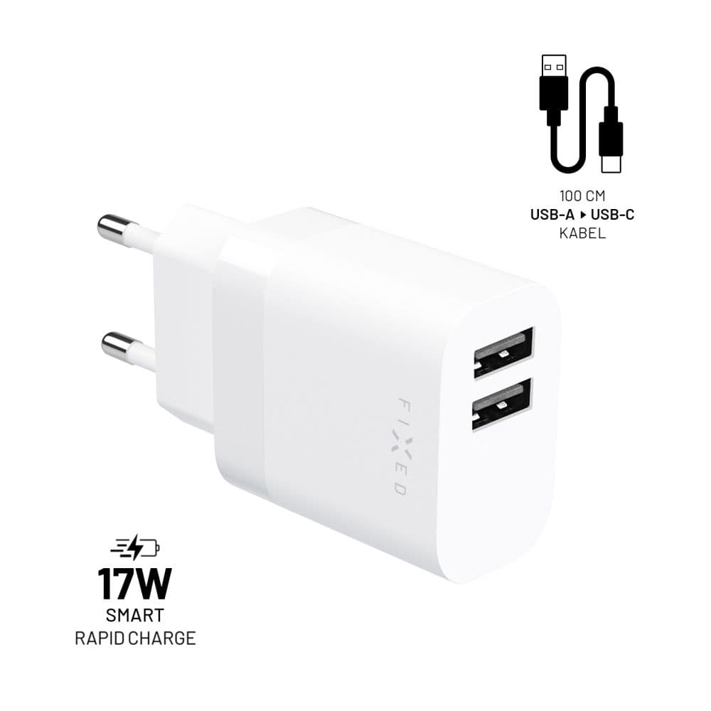 Set síťové nabíječky FIXED s 2xUSB výstupem a USB/USB-C kabelu, 1 metr, 17W Smart Rapid Charge, bílá - náhled 1
