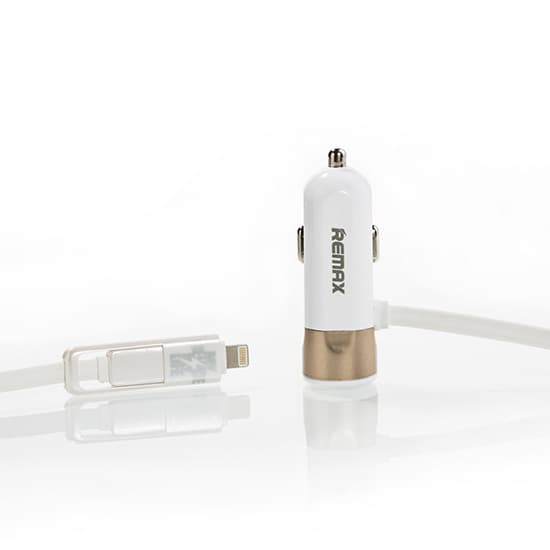 Nabíječka do auta REMAX RCC-102 2v1 vč. microUSB a Lightning datového kabelu zlatá - náhled 1