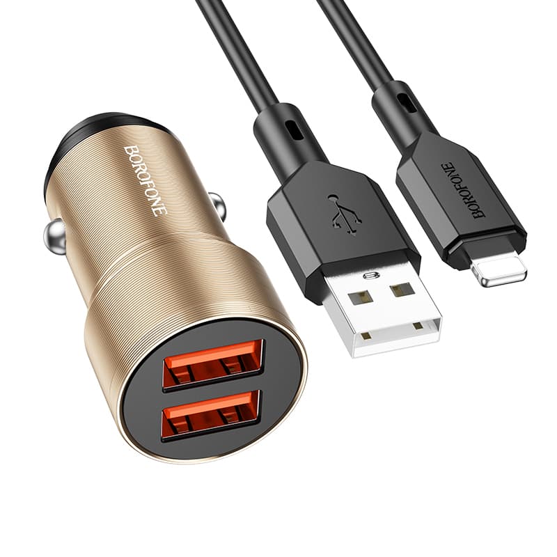 Nabíječka do auta Borofone BZ19 vč. Lightning kabelu Dual 12W zlatá - náhled 1