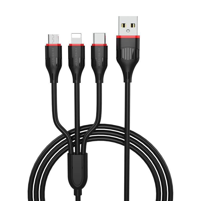 Kabel Borofone BX17 Enjoy 3 v 1 - USB na Type C, Micro USB, Lightning - 2,4A 1 metr černý - náhled 1
