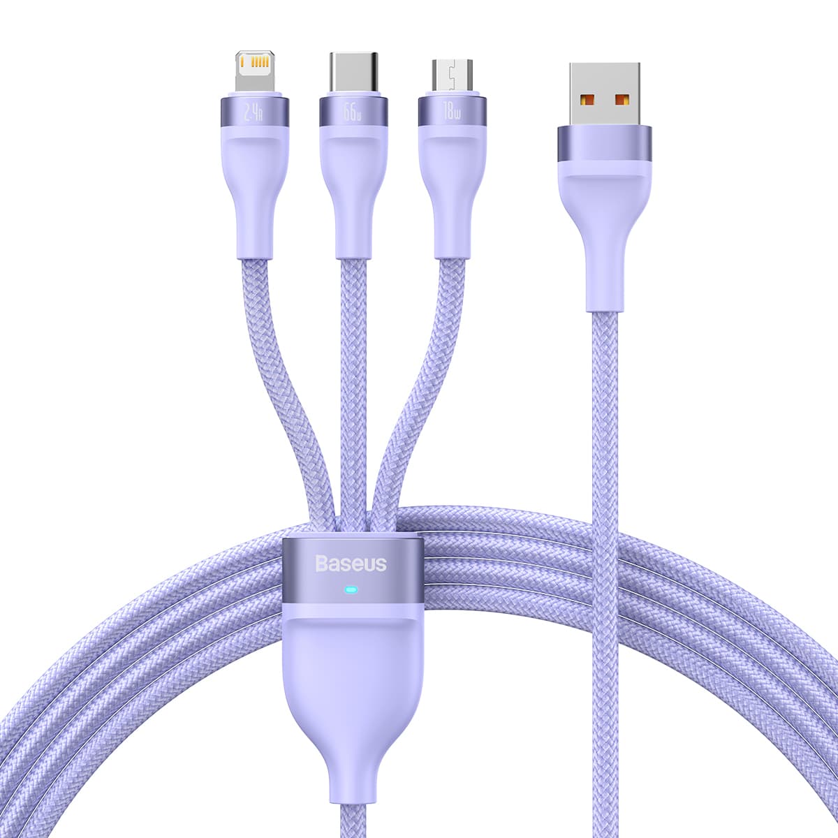 Kabel Baseus Flash Series II 3 v 1 - USB Type C, Lightning, Micro USB - 66W 6A 1,2 metru (CASS040005) fialový - náhled 1
