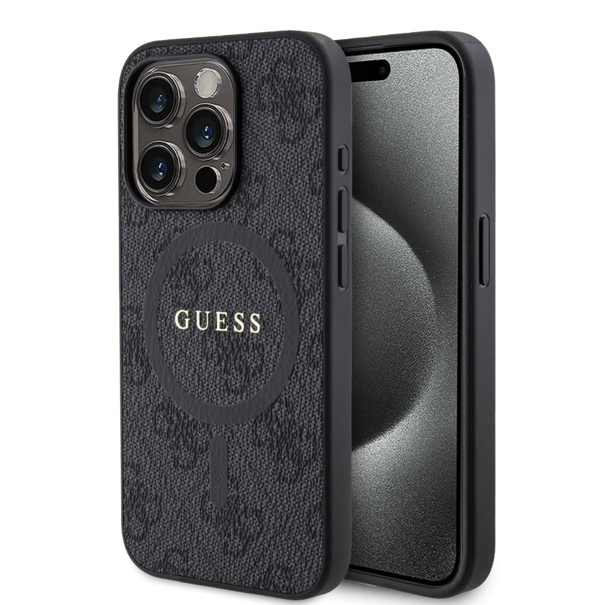 Guess PU Leather 4G Colored Ring MagSafe Zadní Kryt pro iPhone 15 Pro Black - náhled 1