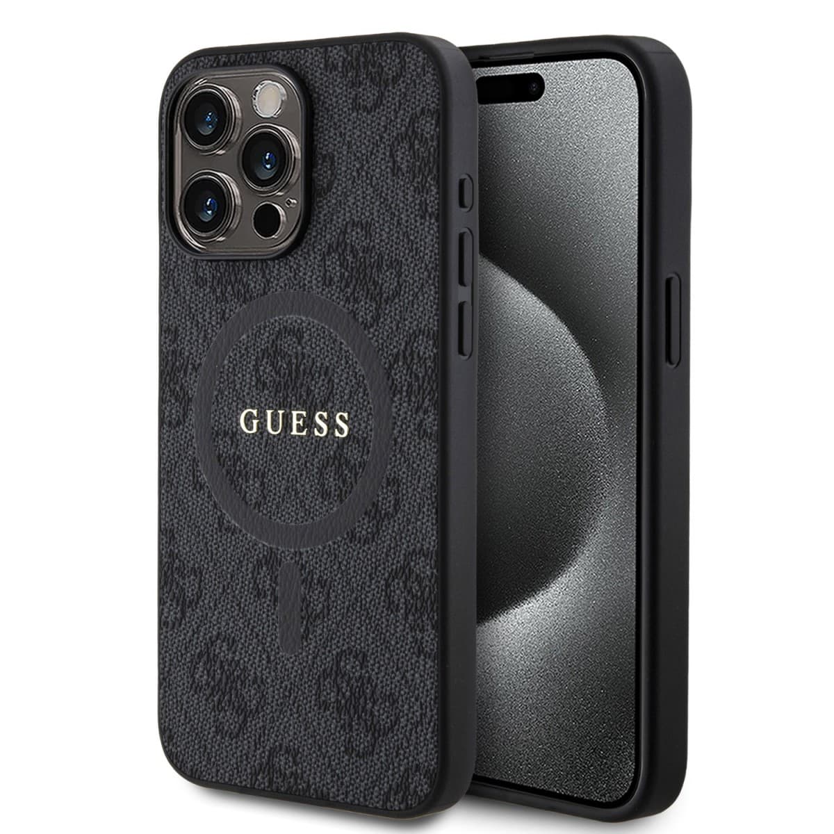 Guess PU Leather 4G Colored Ring MagSafe Zadní Kryt pro iPhone 15 Pro Max Black - náhled 1