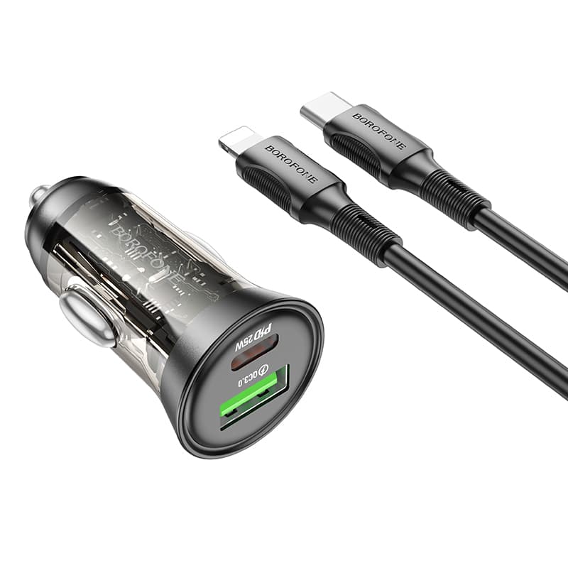 Rychlonabíječka do auta Borofone BZ26A vč. datového kabelu Lightning Dual 43W průhledná-černá - náhled 1