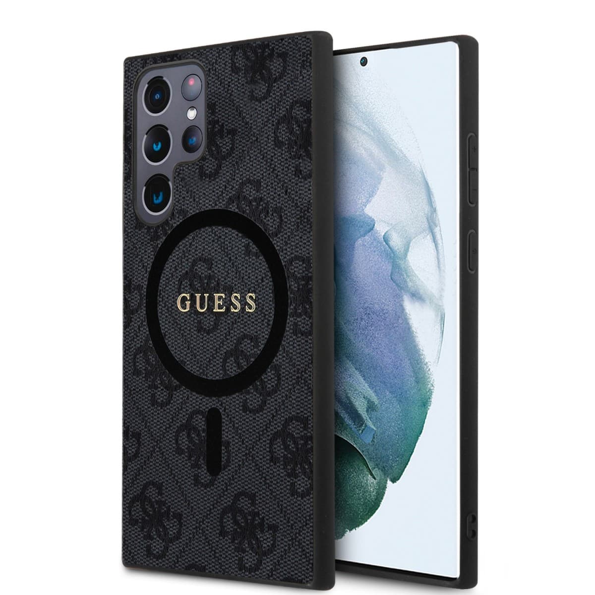Guess PU Leather 4G Colored Ring MagSafe Zadní Kryt pro Samsung Galaxy S24 Ultra Black