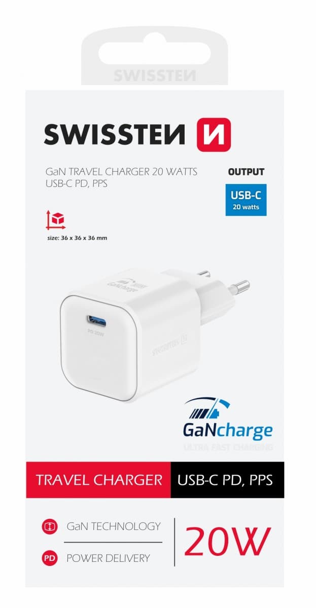 Adaptér Swissten Gan s funkcí rychlonabíjení 1x USB-C 20W bílý - náhled 1