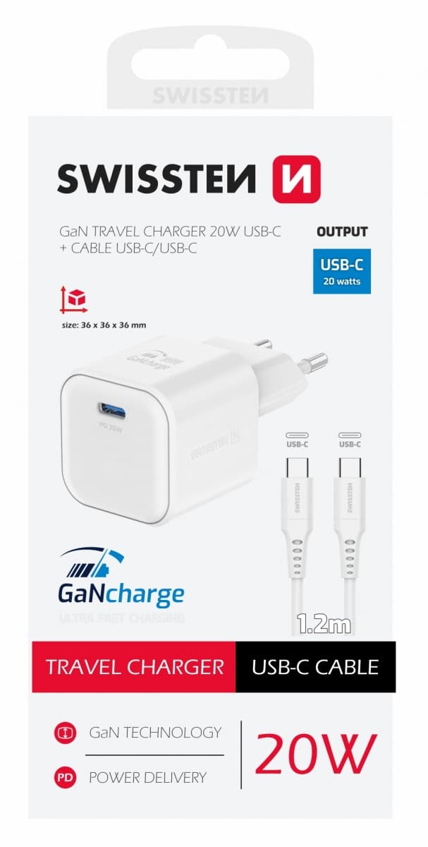 Rychlonabíječka Swissten vč. datového kabelu USB-C 1.2m 20W bílá - náhled 1