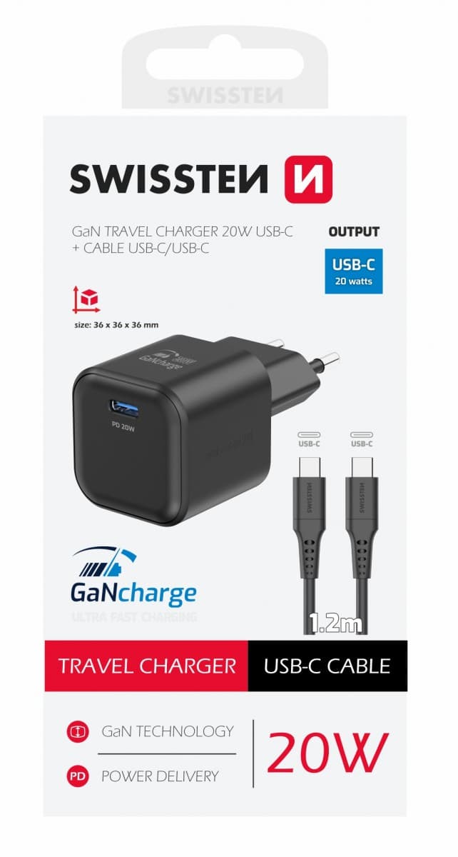 Rychlonabíječka Swissten vč. datového kabelu USB-C 1.2m 20W černá - náhled 1