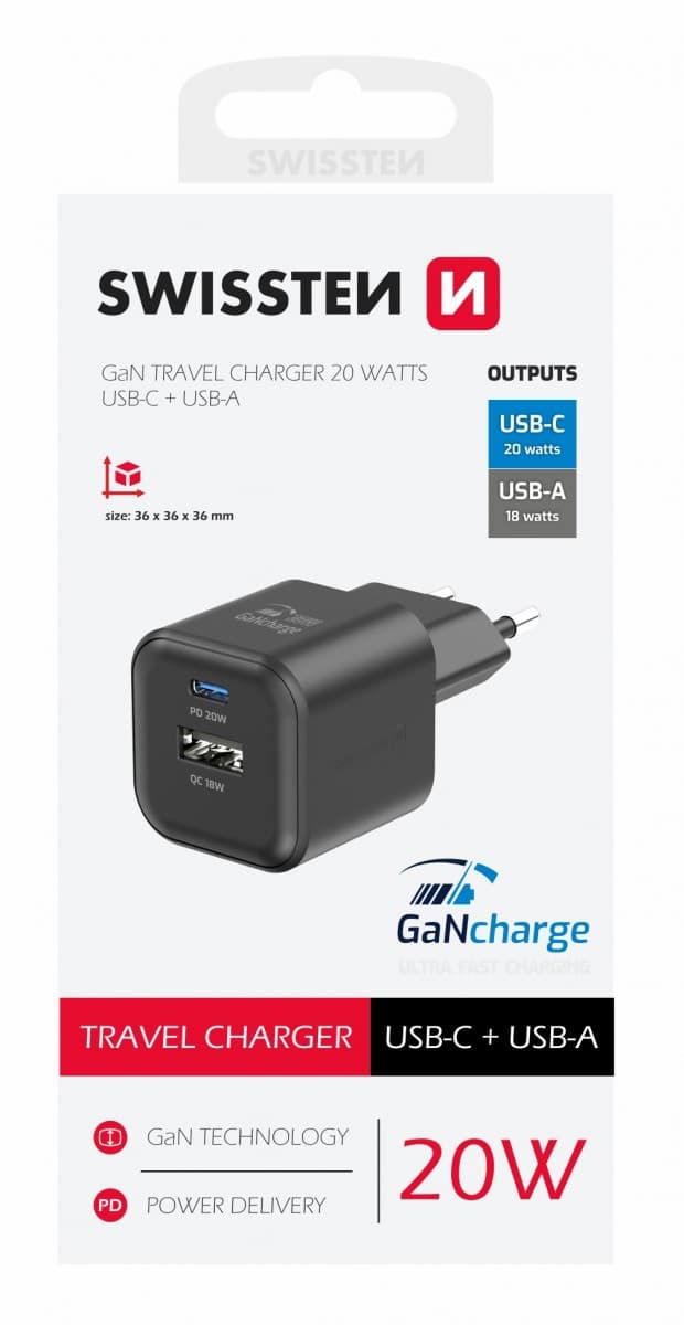 Adaptér Swissten s funkcí rychlonabíjení Dual 20W černý - náhled 1