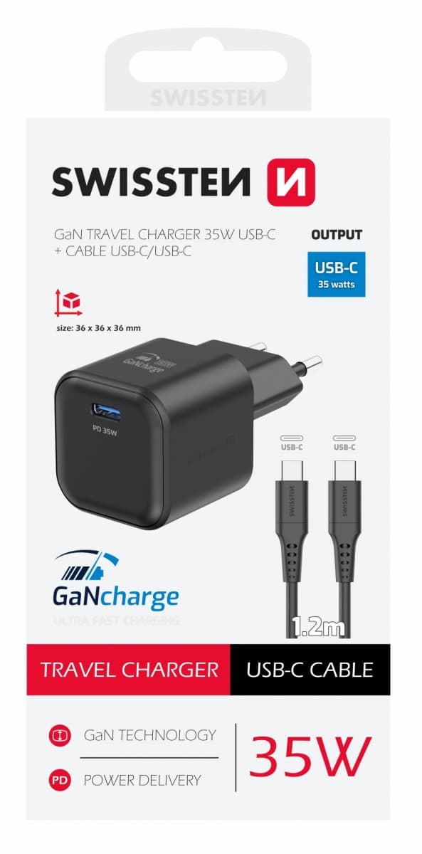Rychlonabíječka Swissten vč. datového kabelu USB-C 1.2m 35W černá - náhled 1