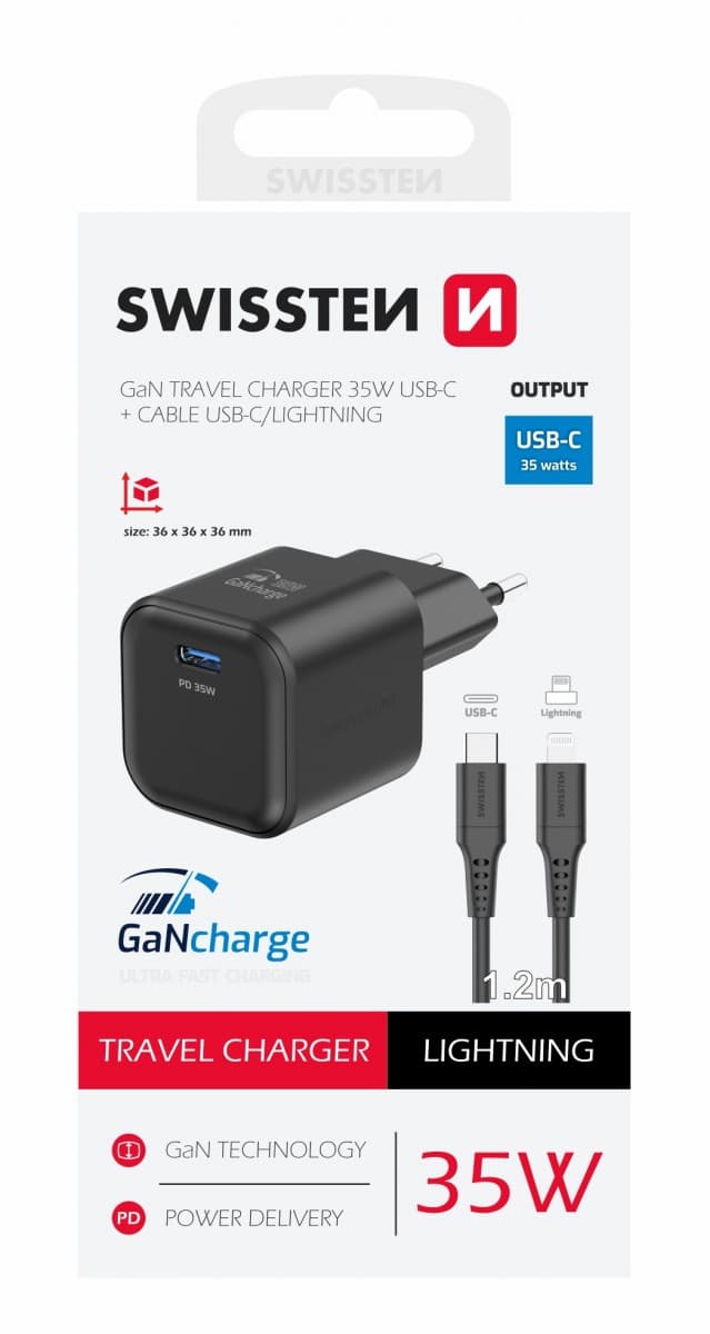 Rychlonabíječka Swissten vč. datového kabelu Lightning 1.2m 35W černá - náhled 1