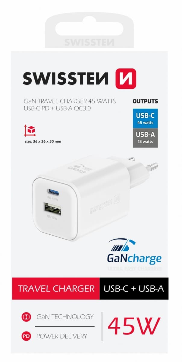 Adaptér Swissten s funkcí rychlonabíjení 45W Dual bílý - náhled 1
