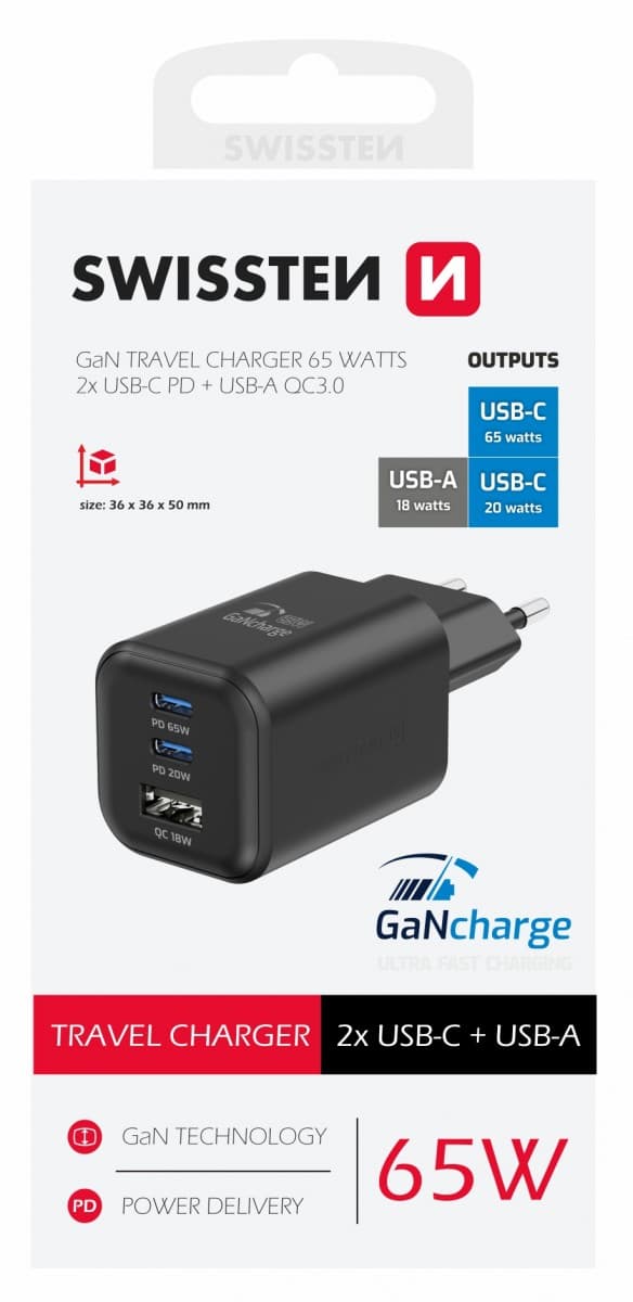 Adaptér Swissten s funkcí rychlonabíjení 1x USB-A, 2X USB-C 65W černý - náhled 1