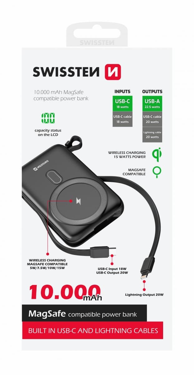 Powerbanka Swissten 10000 mAh s funkcí rychlonabíjení 20W s kabely USB-C a Lightning (kompatibilní s magsafe) - náhled 1