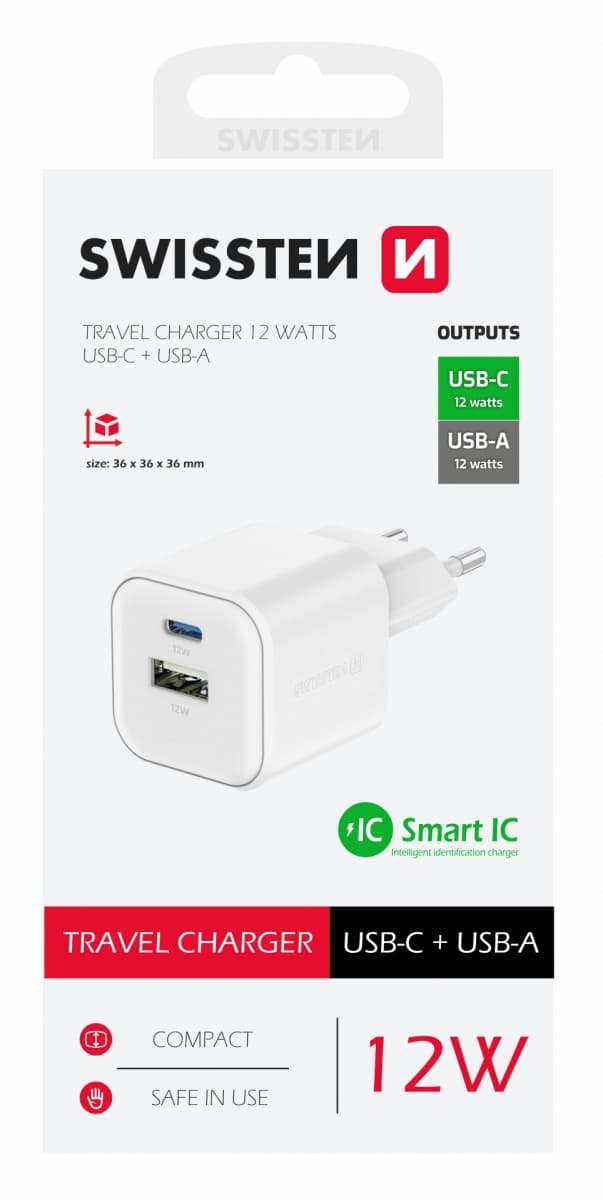 Adaptér Swissten 12W USB-A, USB-C bílý - náhled 1