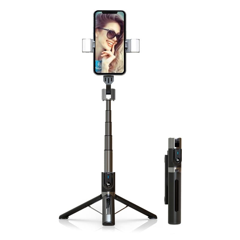 Bluetooth selfie tyč P96D-2 se stativem a 2 LED světly černá - náhled 1