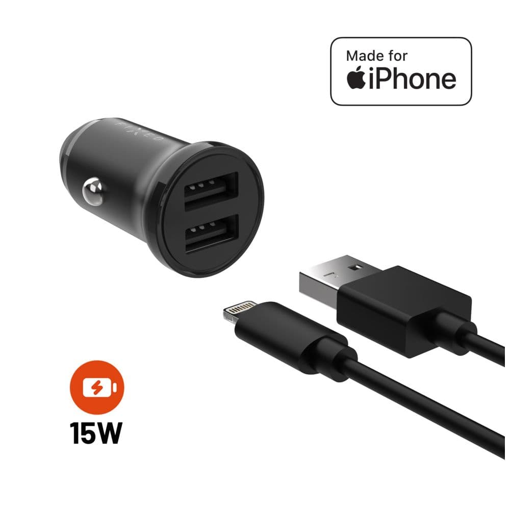 Set autonabíječky FIXED s 2xUSB výstupem a USB/Lightning kabelu, 1 metr, MFi certifikace, 15W Smart Rapid Charge, černá - náhled 1